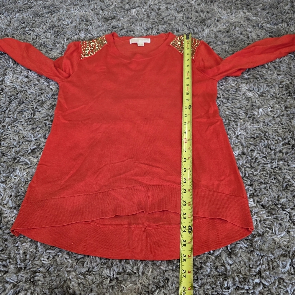 Michael Kors Red And Gold Studded Accent Long Sleeve V Neck Sweater Size Small - Picture 6 of 7